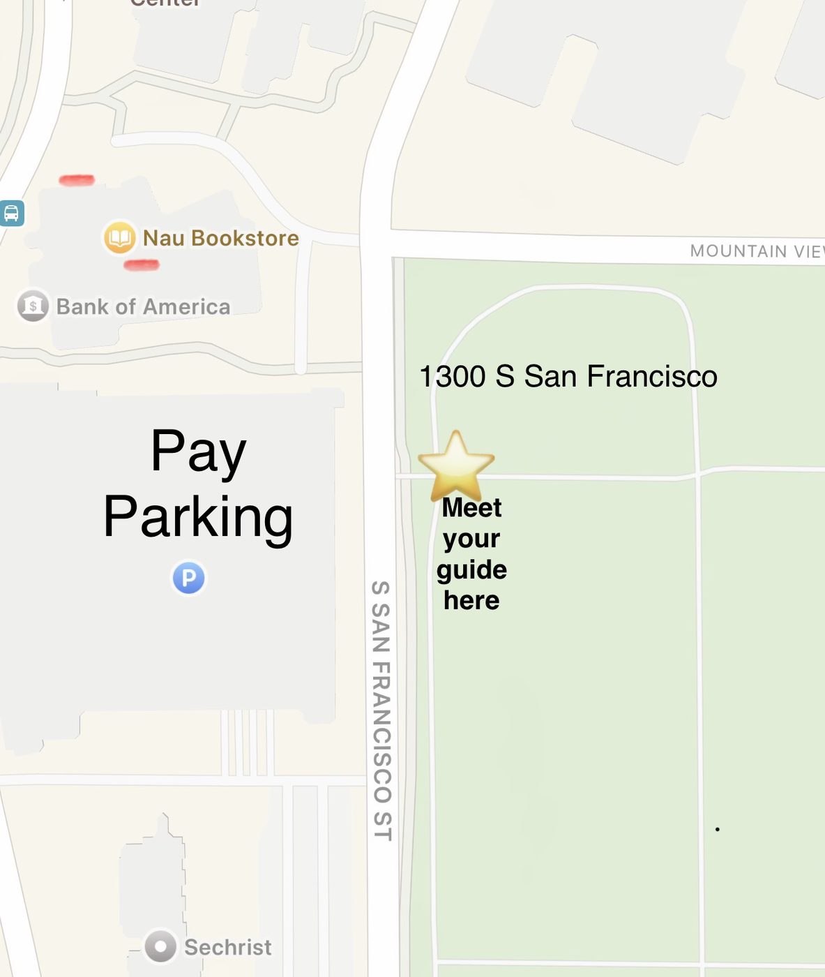 Map of the meeting point: a star on the west edge of Citizen&rsquo;s Cemetery at 1300 S San Francisco St, across S San Francisco St from the pay parking structure.