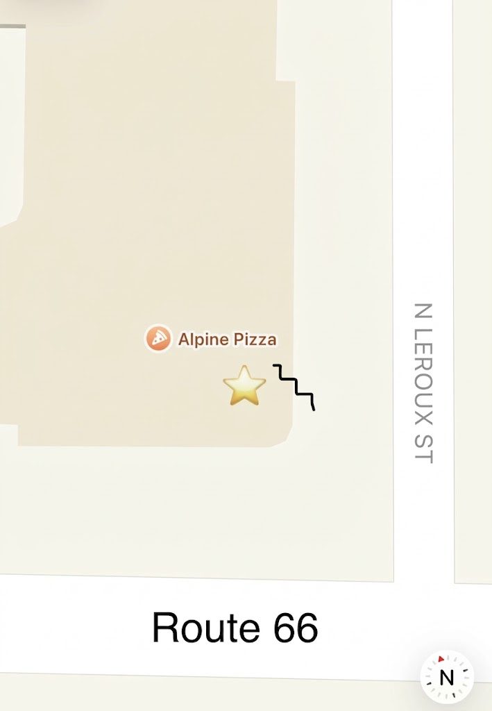 Map of the meeting point: the entrance is beside Alpine Pizza on N Leroux St, just north of Route 66.